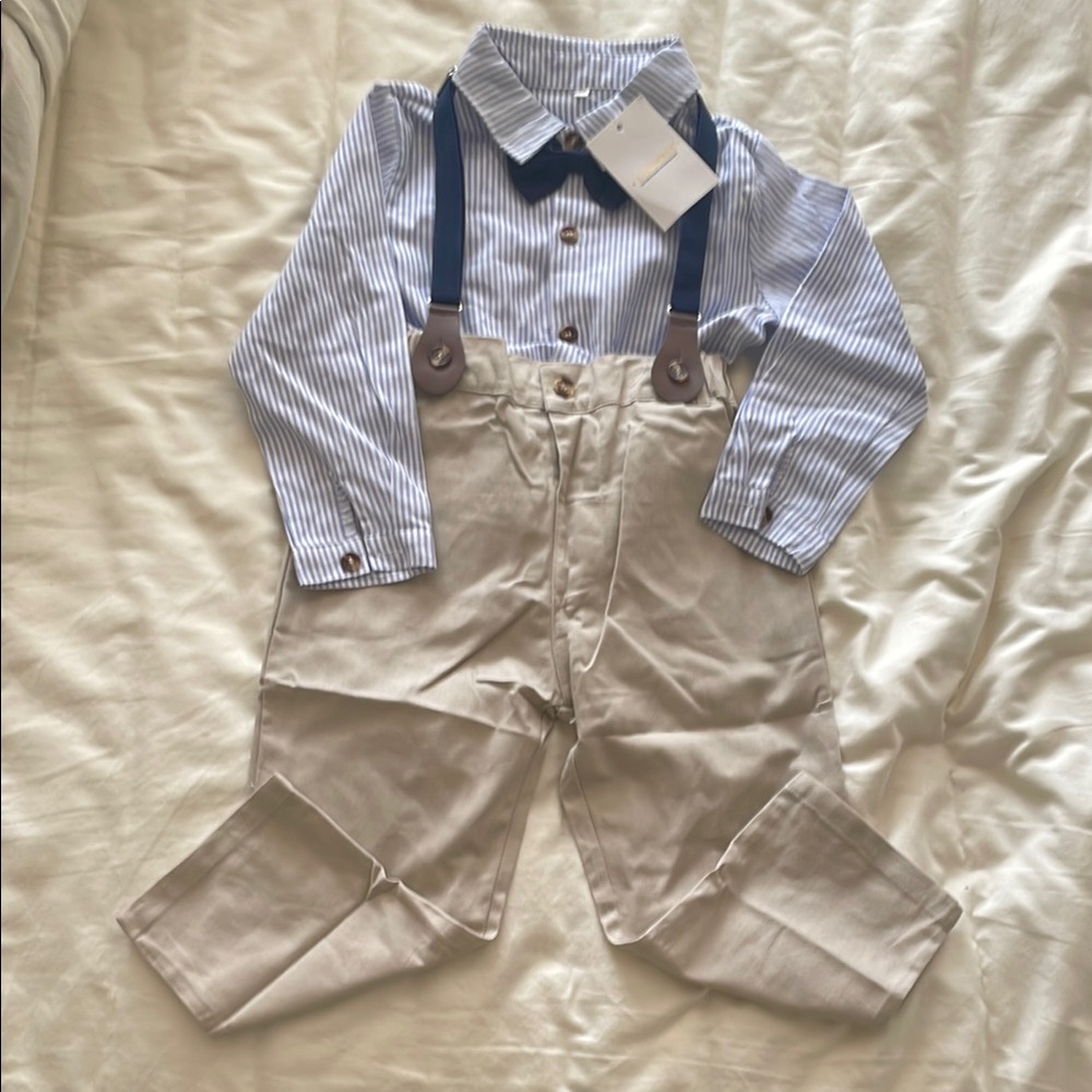 SANGTREE Striped Blue&White button down shirt khaki pants suspenders & bow tie